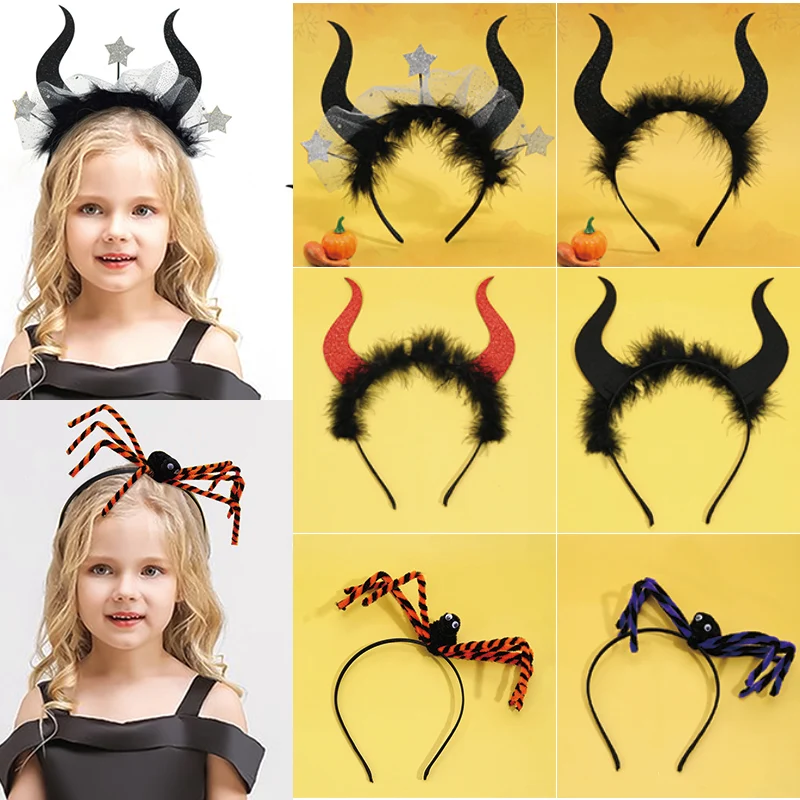 ncmama Halloween Evil Witch Hairbands For Baby Girls Ox Horn Spider Headband Kids Hair Hoop Cosplay Headwear Hair Accessories