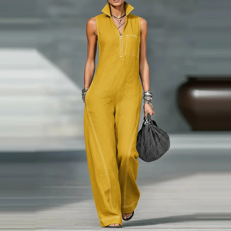 

Women's Elegant Cotton Linen Solid Party Romper Casual Pocket Zip Loose Playsuits Fashion Stand Collar Sleeveless Long Jumpsuits