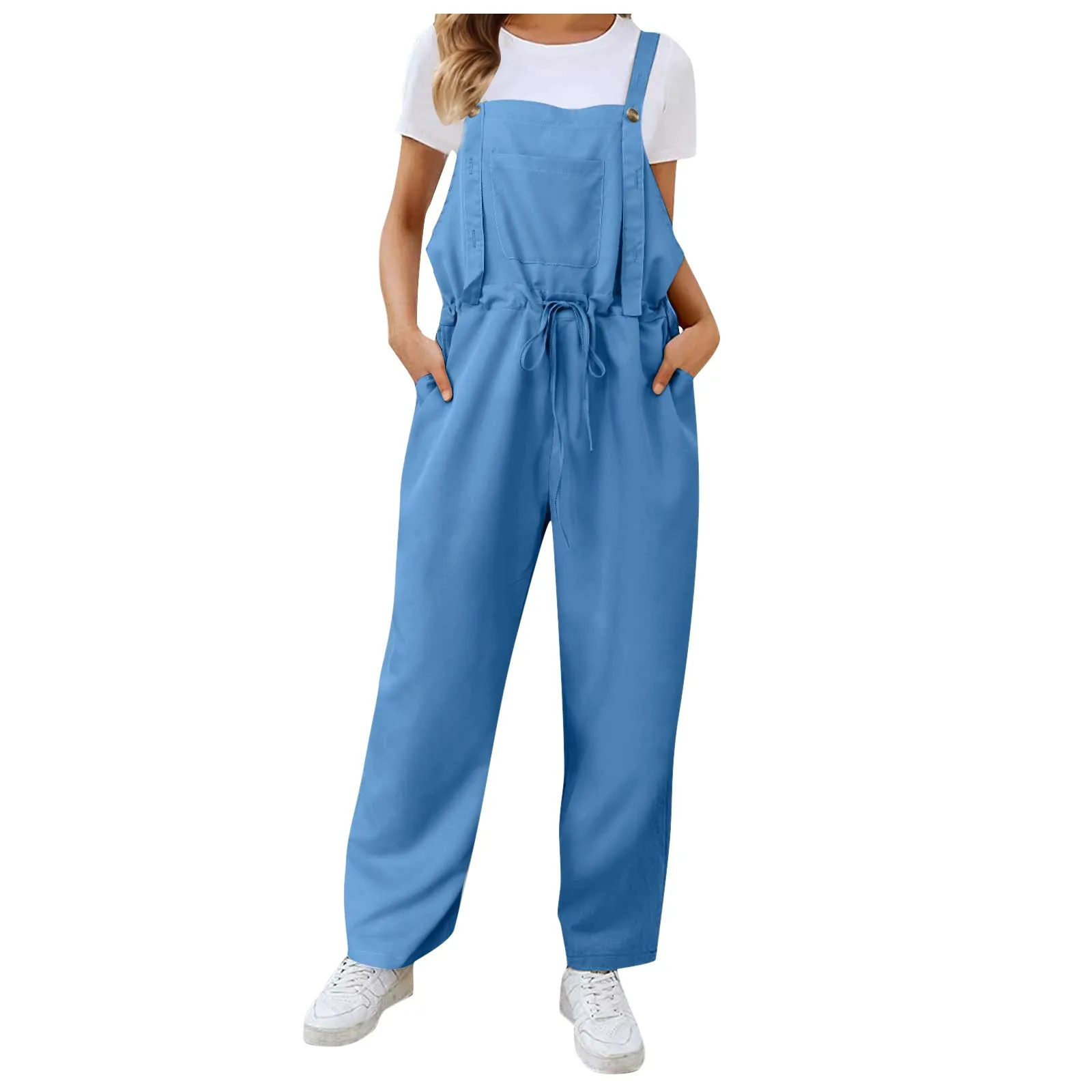 2024 Zomer Dames Lange Jumpsuit Effen Kleur Casual Losse Dunne Maat Mouwloze Bandjes Wijde Pijpen Dames Jarretel Losse Jumpsuit