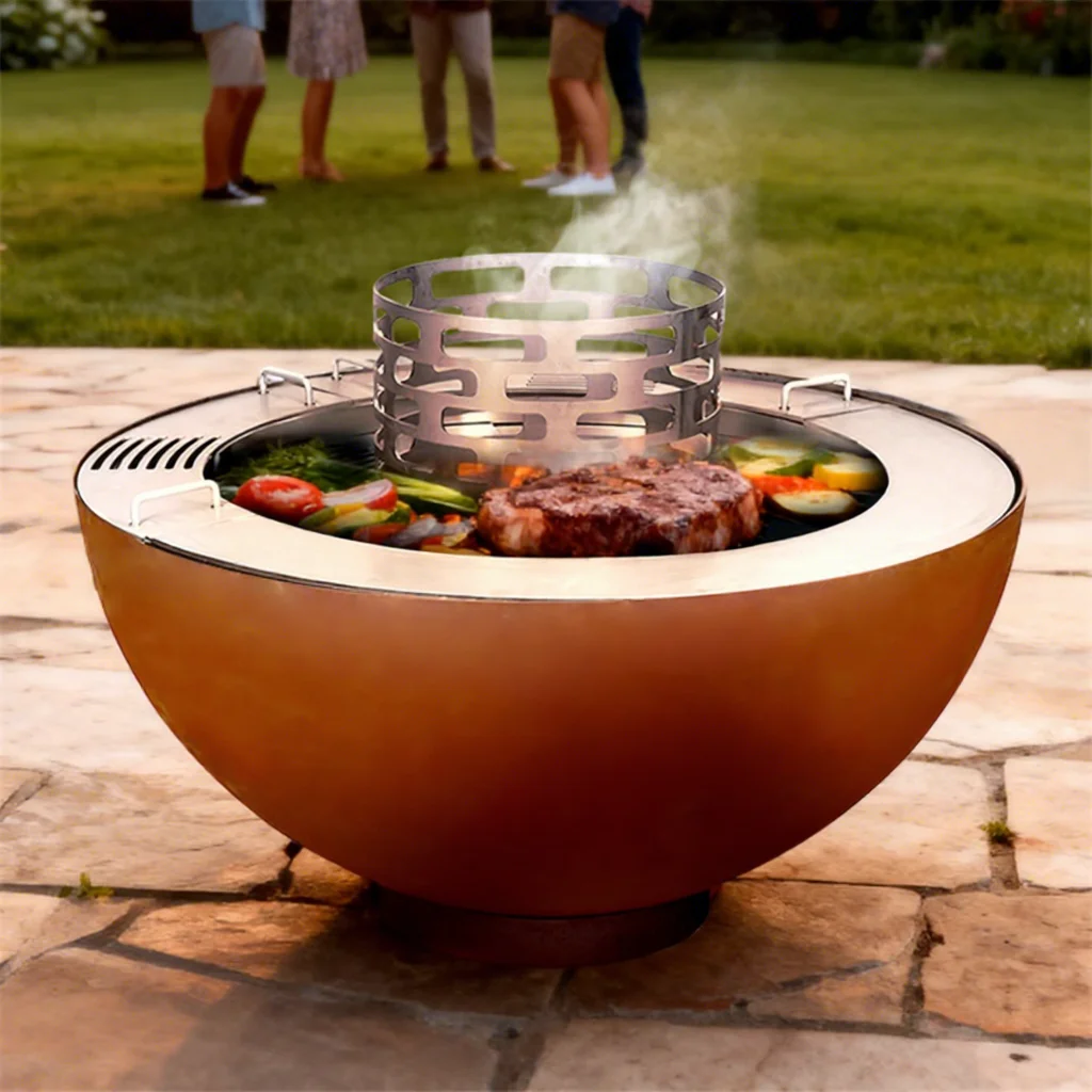 Modern Outdoor Corten Steel Fire Pit & BBQ Grill Heavy Duty Trolley Easily Assembled