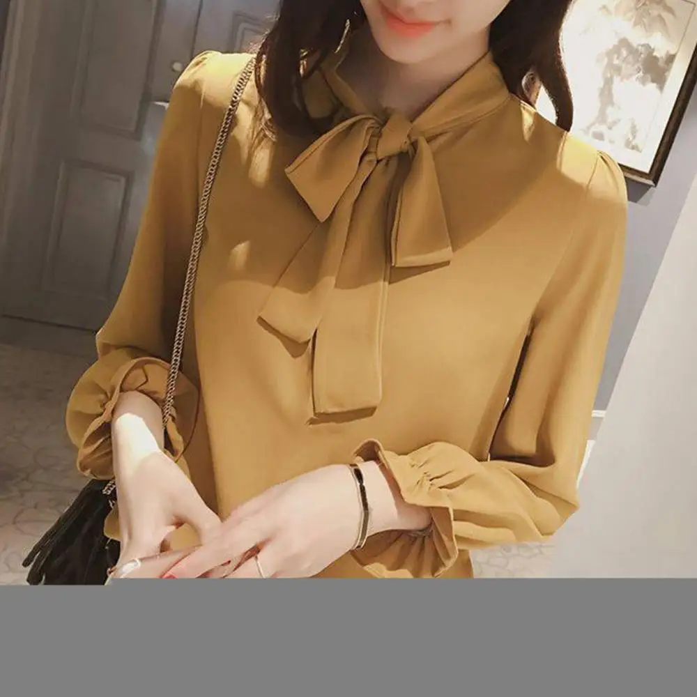 Women Chiffon Shirt Top Bowtie Princess Sleeve Fashion Blouse Solid Color Long Puff Sleeve Blouse Buttons Necktie Bowknot Shirt