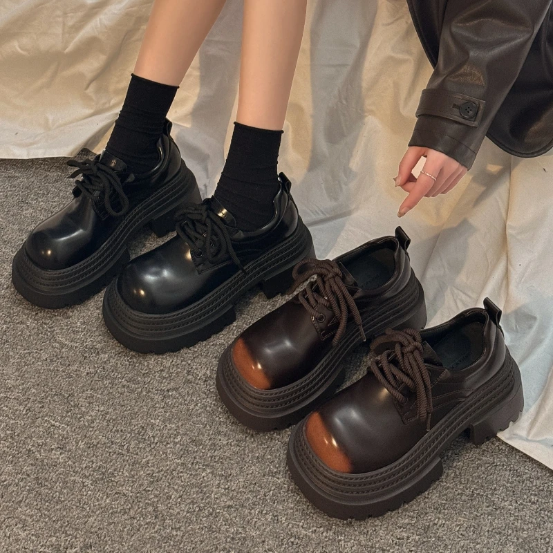 

2026 New Spring Autumn Height Increase Women Mary Jane Shoes Fashion Lace Up Shoes Vintage Platform Thick Heel Leather Shoes
