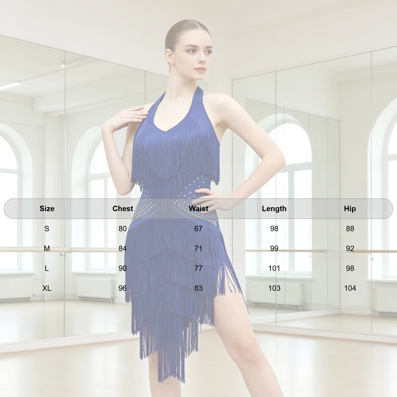 Damen Glitzerndes Strass-Fransen-Latin-Samba-Tanzkleid mit Halter-V-Ausschnitt, Königsblau, Asymmetrischer Quastenrock, Bühnenkostüm – Detail 1