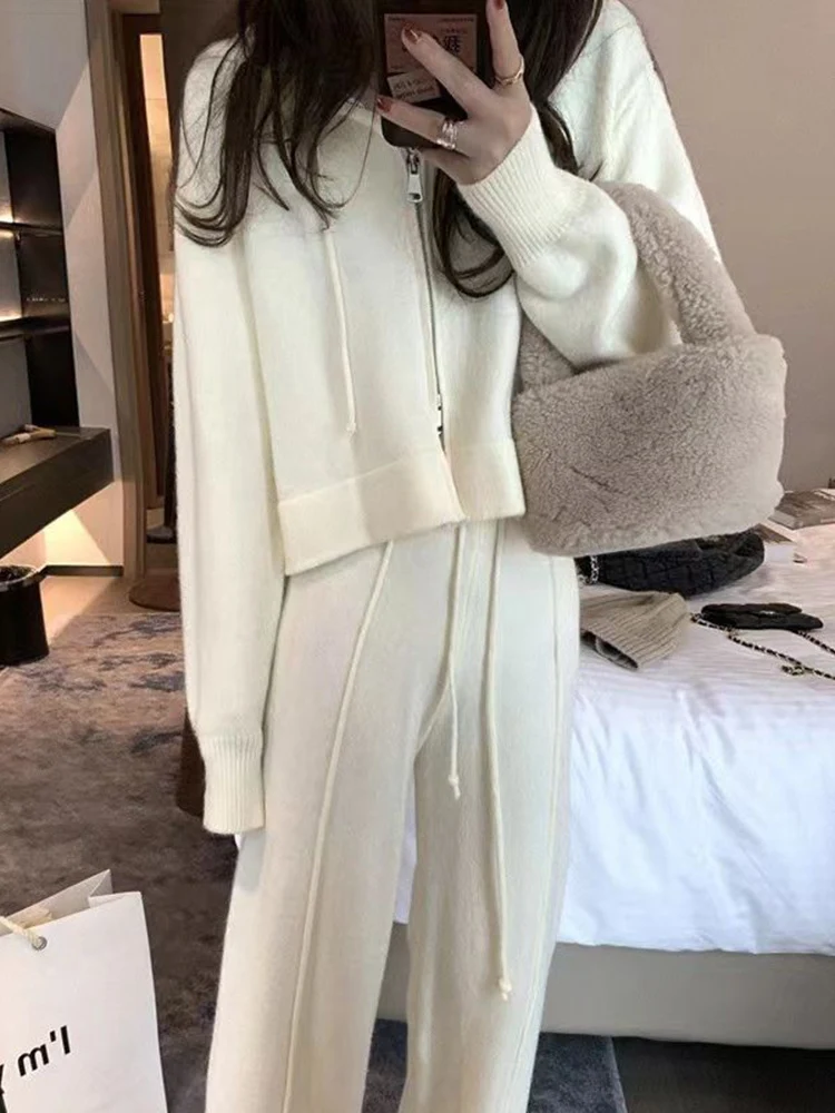 LANMREM Fashion Knitted 2 Piece Set Women Hooded Zipper Sweater High Waist Long Pants Casual 2024 Autumn New Clothing 2VV151