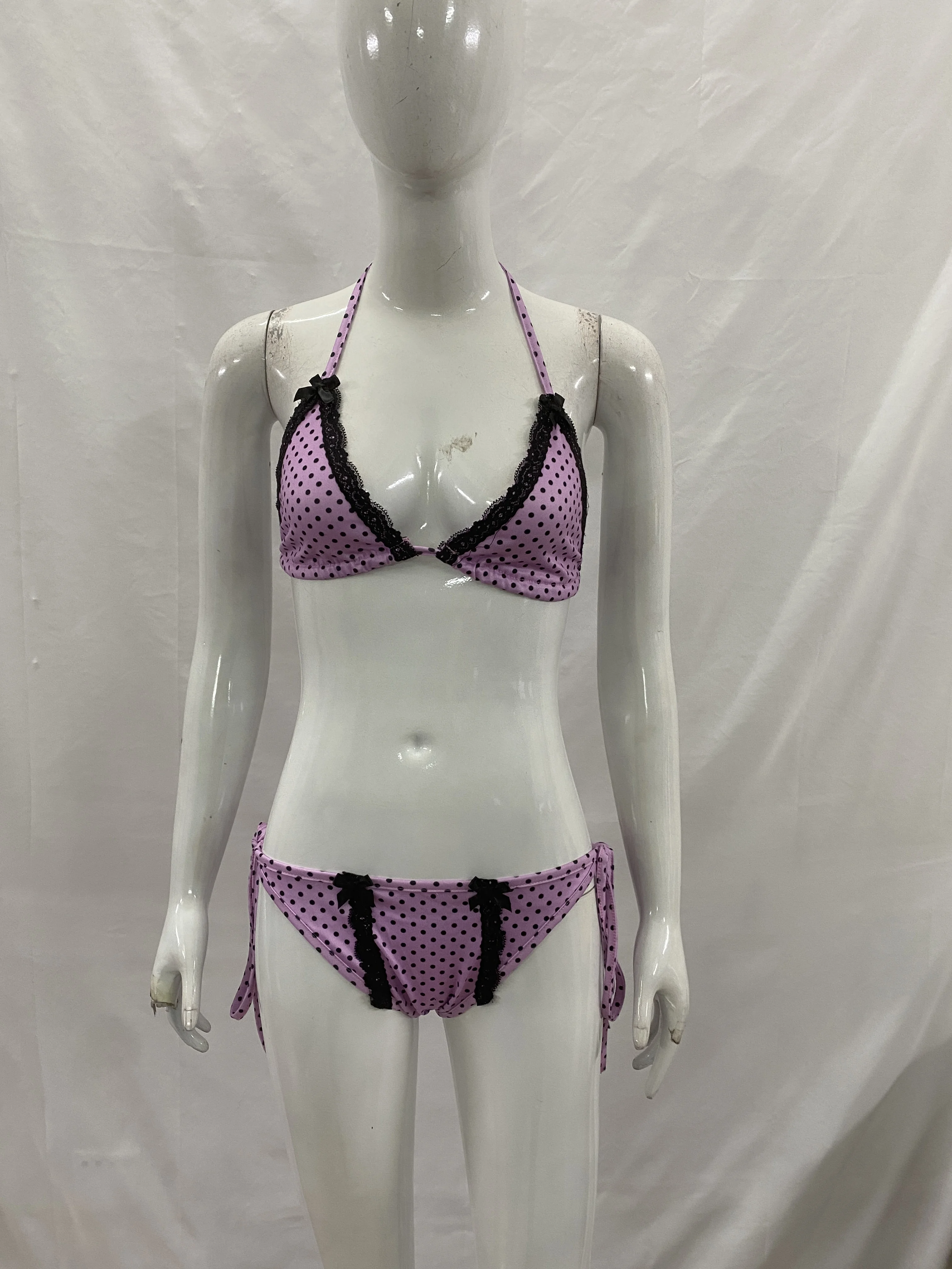 ชุดว่ายน้ำแฟชั่นคลาสสิกสไตล์ฮาราจูกุ เซ็กซี่ น่ารัก ลายจุด ผูกคอ สายบาง เอวต่ำ แบบทูพีซ