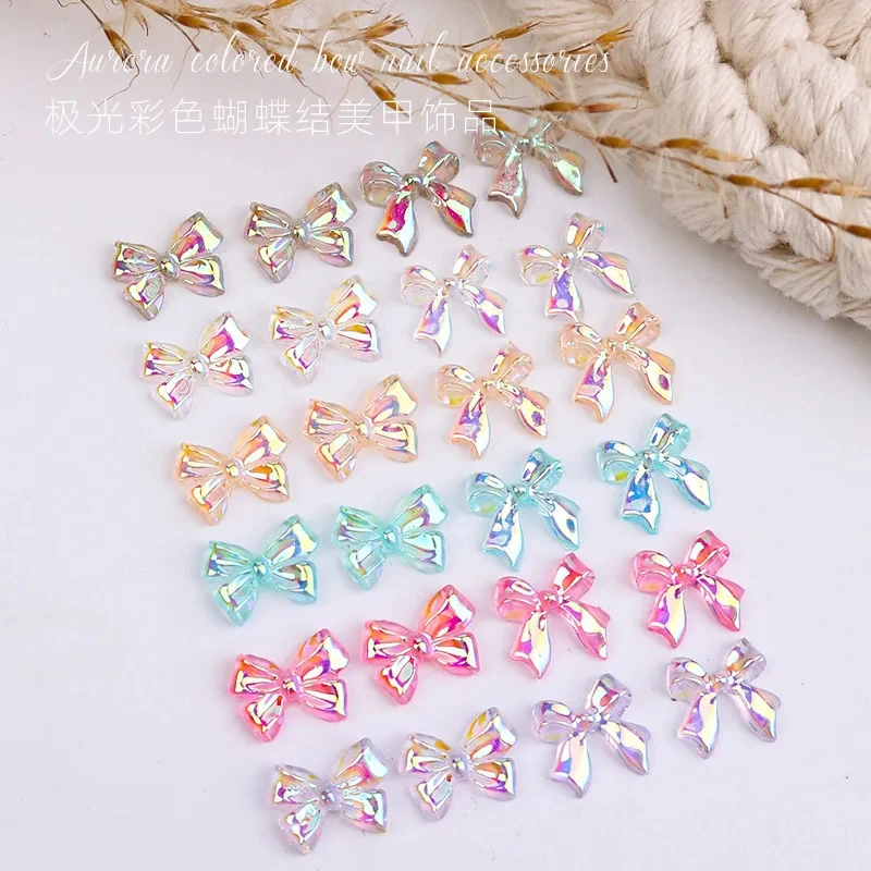 100pcs/Bag Flowing Light Bow Ab Color Ribbon Bowknot Bow Ties French Elegance Ballet Princess Acrylic Nail Charms Decorations