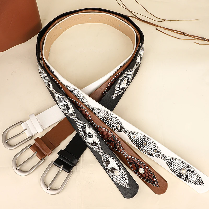 Trendy Punk Y2K Snake Print Belt with Pearls & Studs, PU Leather Waistband for Both Men and Women, Perfect for Jeans and Dresses