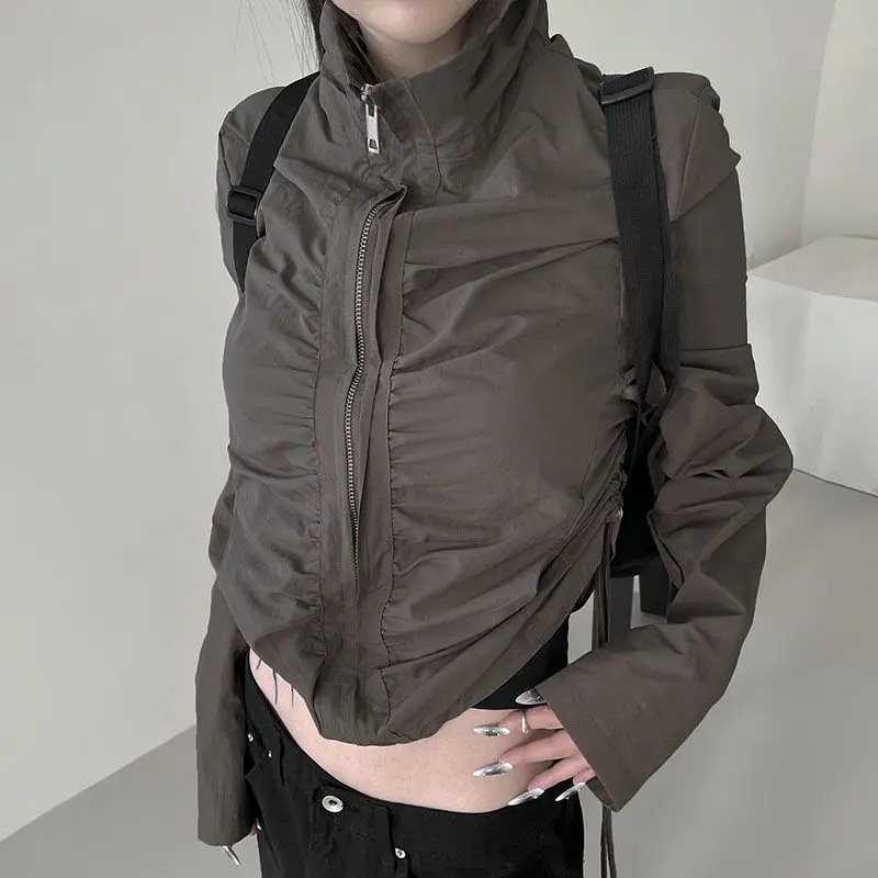 Short Coat High Quality Pleated Zipper Drawstring Women'S Vertical Collar Frock With Cool And Handsome Coat In Autumn