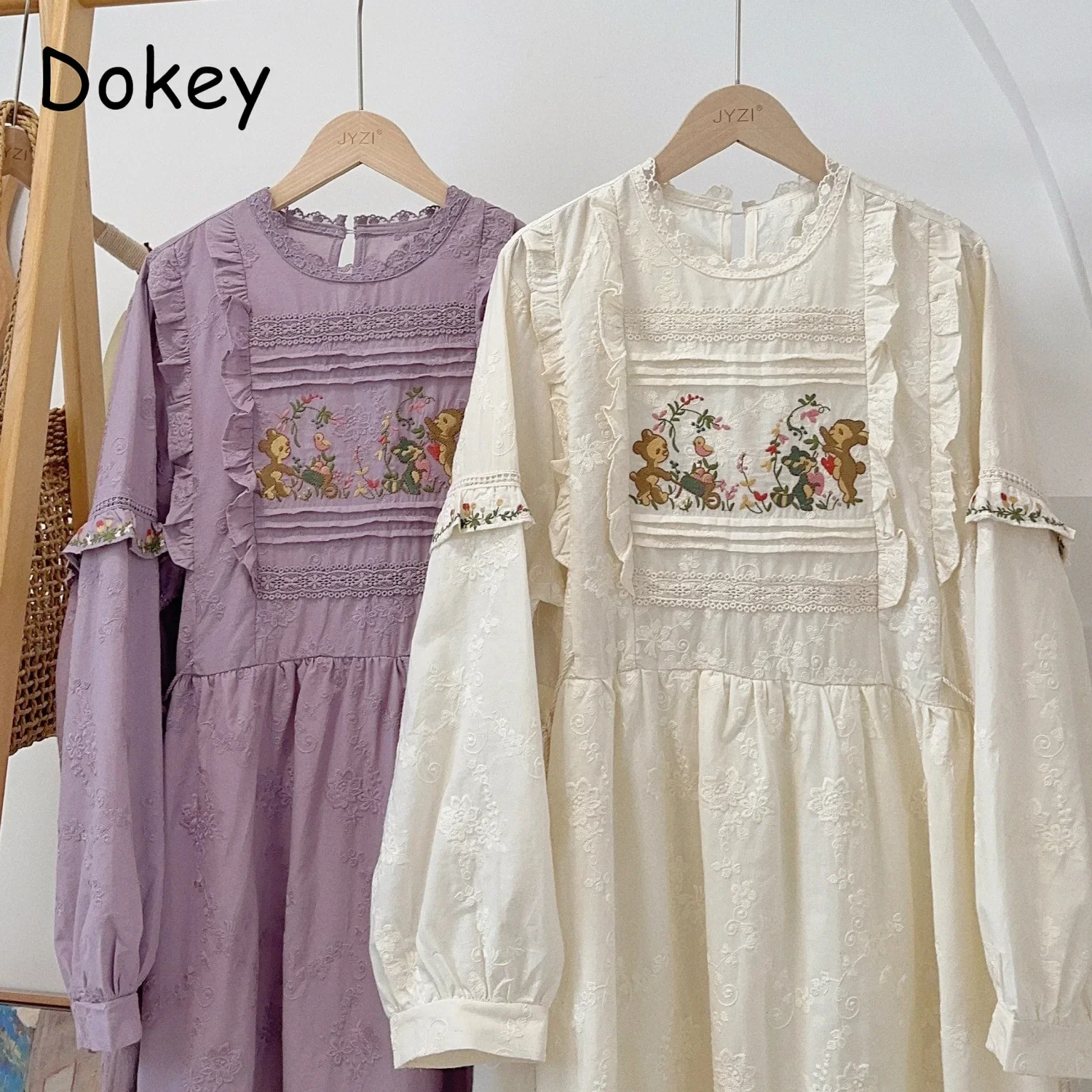 Vintage Floral Embroidery Short Sleeve Dress Women Japanese Mori Girl Spring Sweet O-Neck Cotton Linen Dress vestidos para mujer