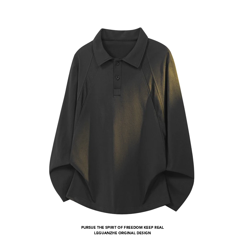 Men Black Relaxed Long Sleeve Polo Shirt Casual Half Button Placket Raglan Panel Tops
