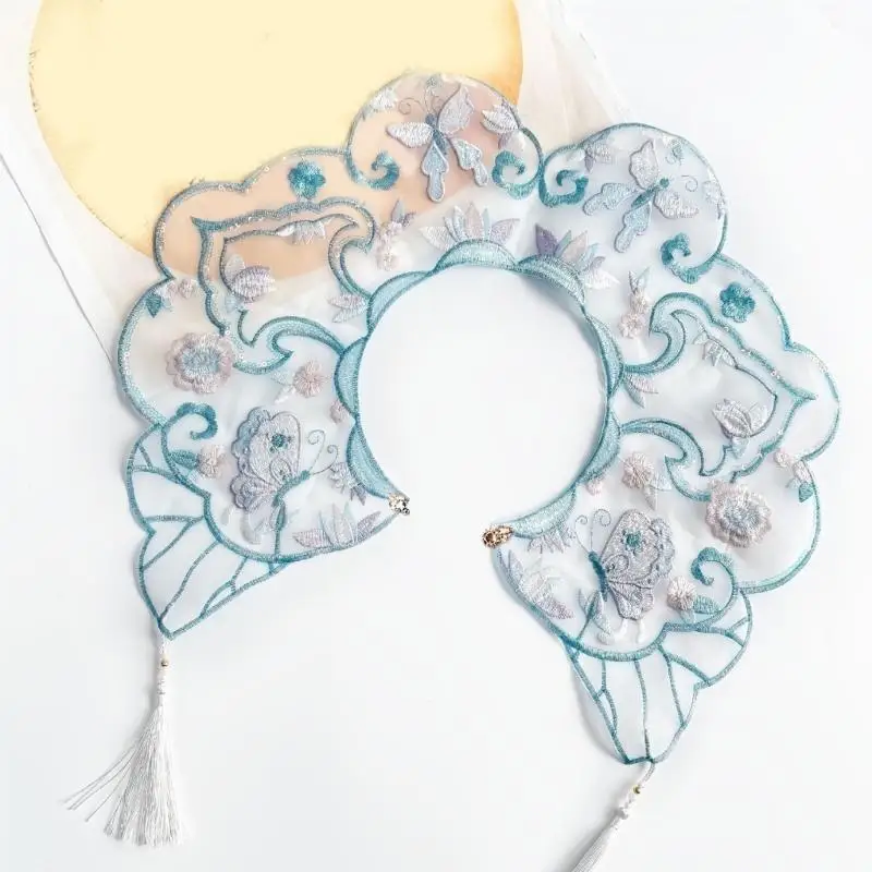 

652F Chinese Embroidered Floral False Collar for Girl Sweater Dress Clothes Decorative Collar with Tassels Sewing Applique