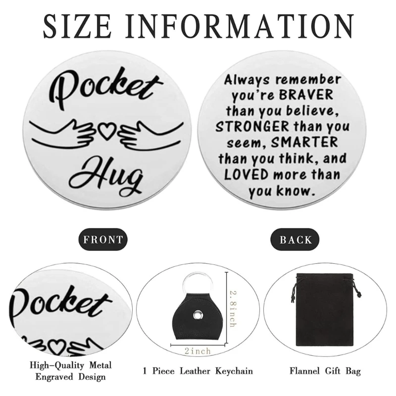 Pocket Hug keychain Stainless Steel Double Sided Tokens with PU Leather Keychains Relationship Keepsake Gift Y08E