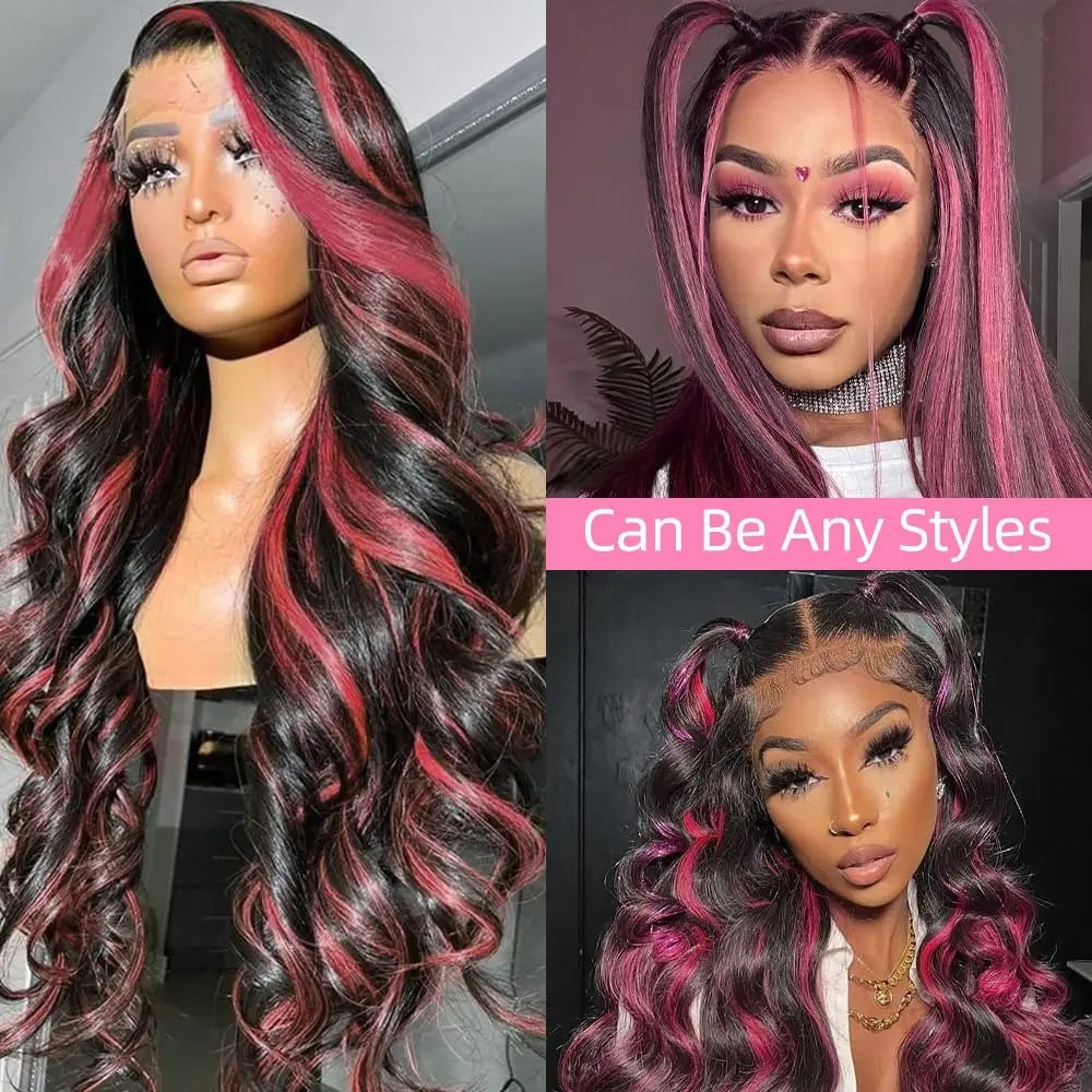 Ombre 1B/Pink 13x6 Lace Frontal Wig Human Hair 230% Body Wave Stripe Highlight Dark Purple Curly 13x4 Lace Front Wigs For Women - Image 4