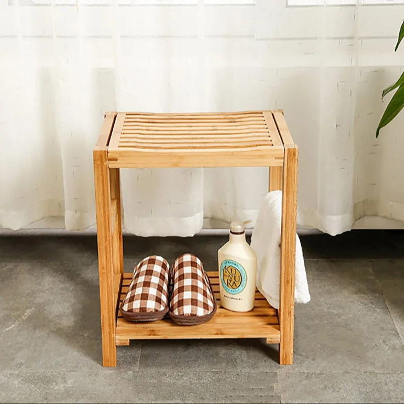 Double Layer Bathroom Stool Solid Wood Shoe Changing Stool Bathroom Shelf Multifunctional Bench Simple Home Living Bathroom