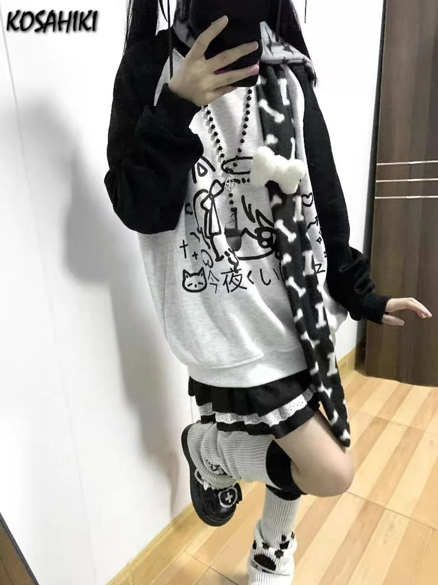 Y2k Aesthetic Contrast Color Oversized Casual Women Hoodies Vintage Cartoon Printing Coat Japanese Patchwork Grunge Sweatshirts