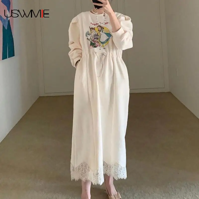 

Women Dress Elegant Reducing Cartoon Printed Elastic Waist Drawstring Spring/autumn Clothes For Women Pocket Lace Dress Women