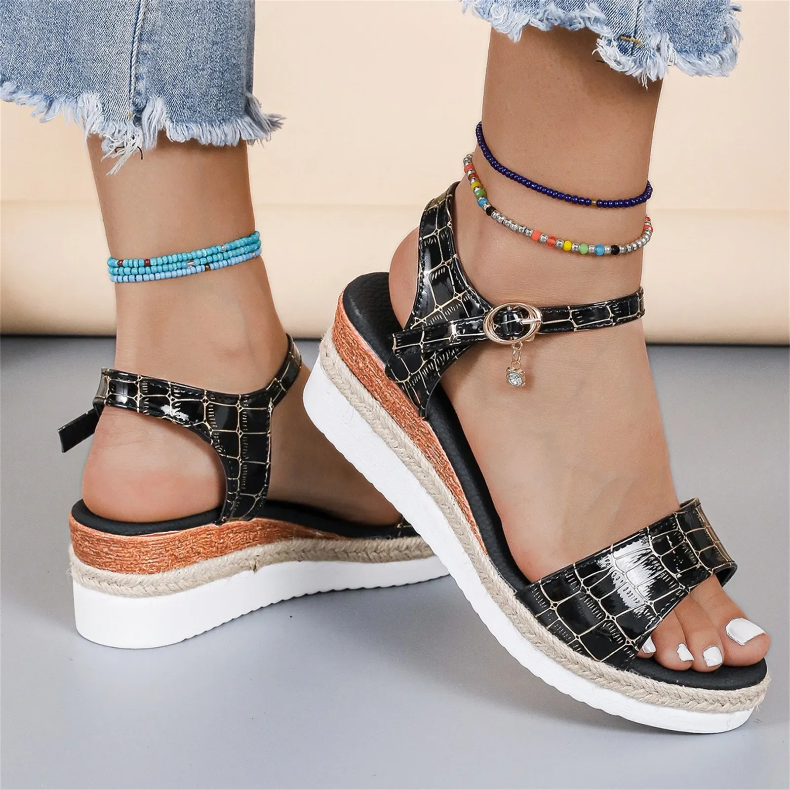 2024 Women's Casual Side Hollow Belt Buckle Slope Bottom Roman Shoes Summer Fashion Ladies Sandals Walking Sandals Women