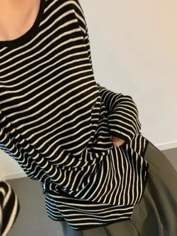 Korean Sle Striped Slim Long Sve Knitted Top Base Layer irt round Ne Irregular Design Versatile round Ne Pullover ...