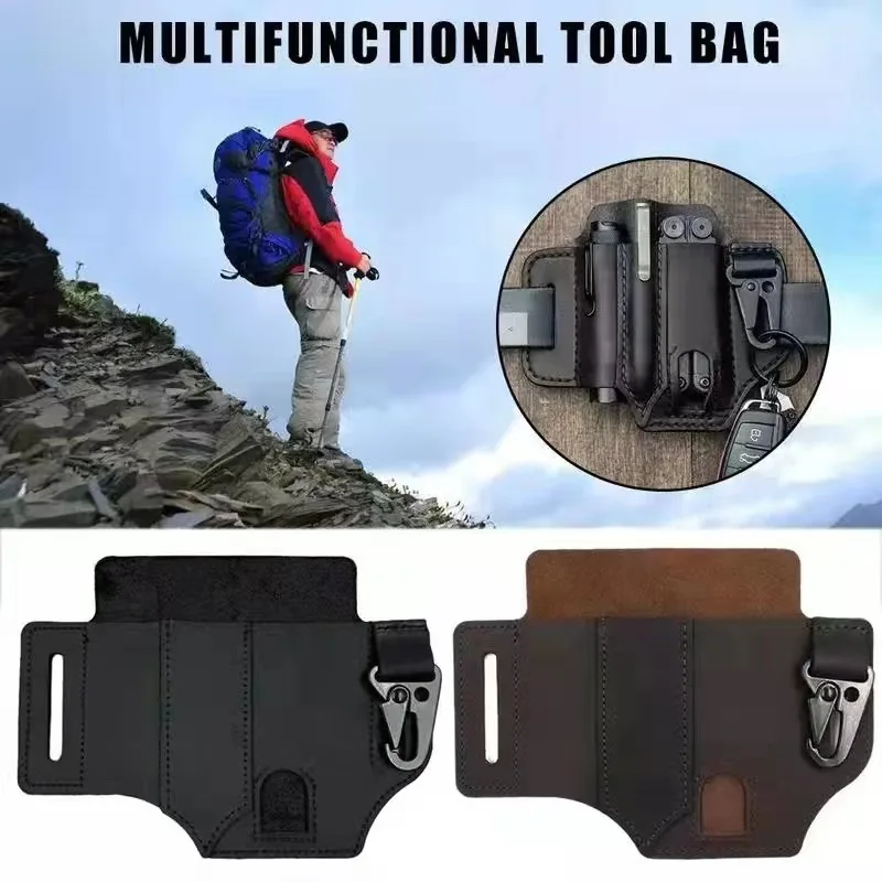 EDC Outdoor Leather Tool Knife Sheath Pockets Multitools Holder Essentials Organizer Belt Pouch Pocket Hunt Tactical Flashlight