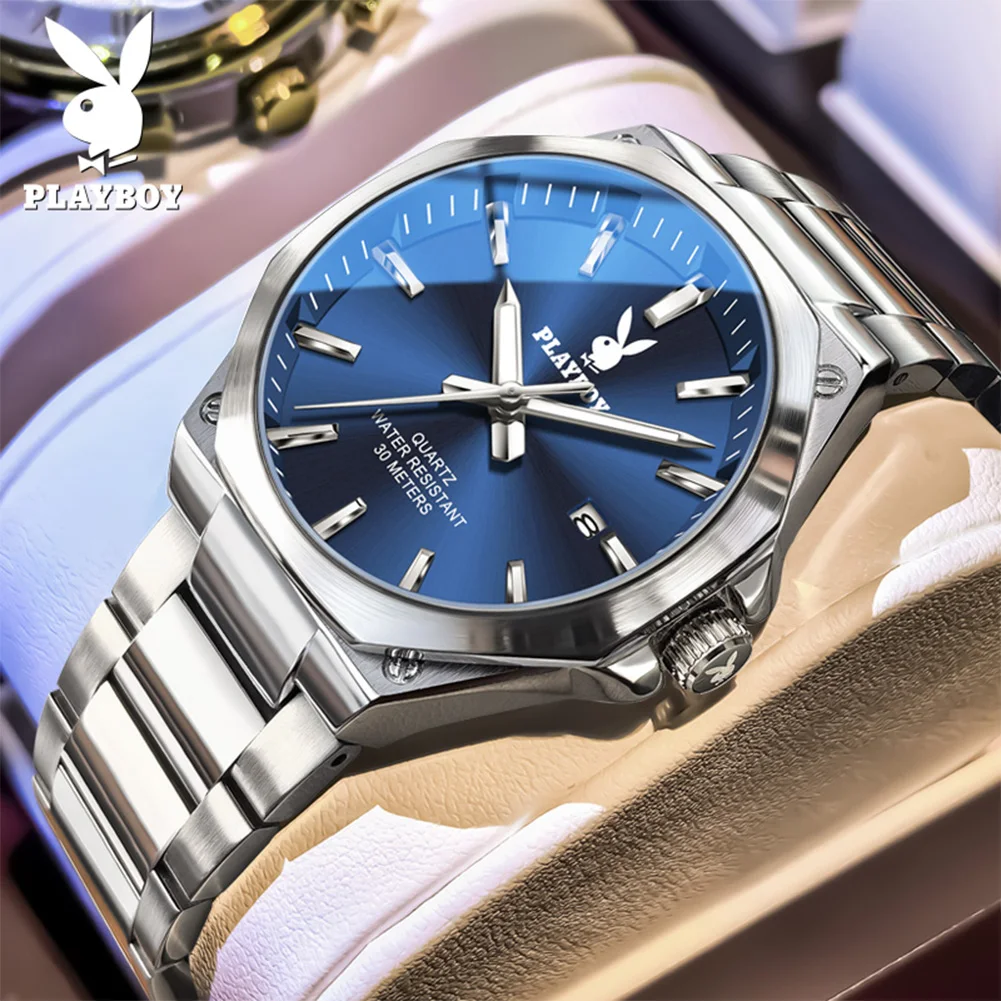

Мужские кварцевые часы PLAYBOY 3123, роскошные водонепроницаемые наручные часы с ремешком из нержавеющей стали, светящиеся в темноте, с датой, для мужчин, с ромбовидным корпусом, Reloj