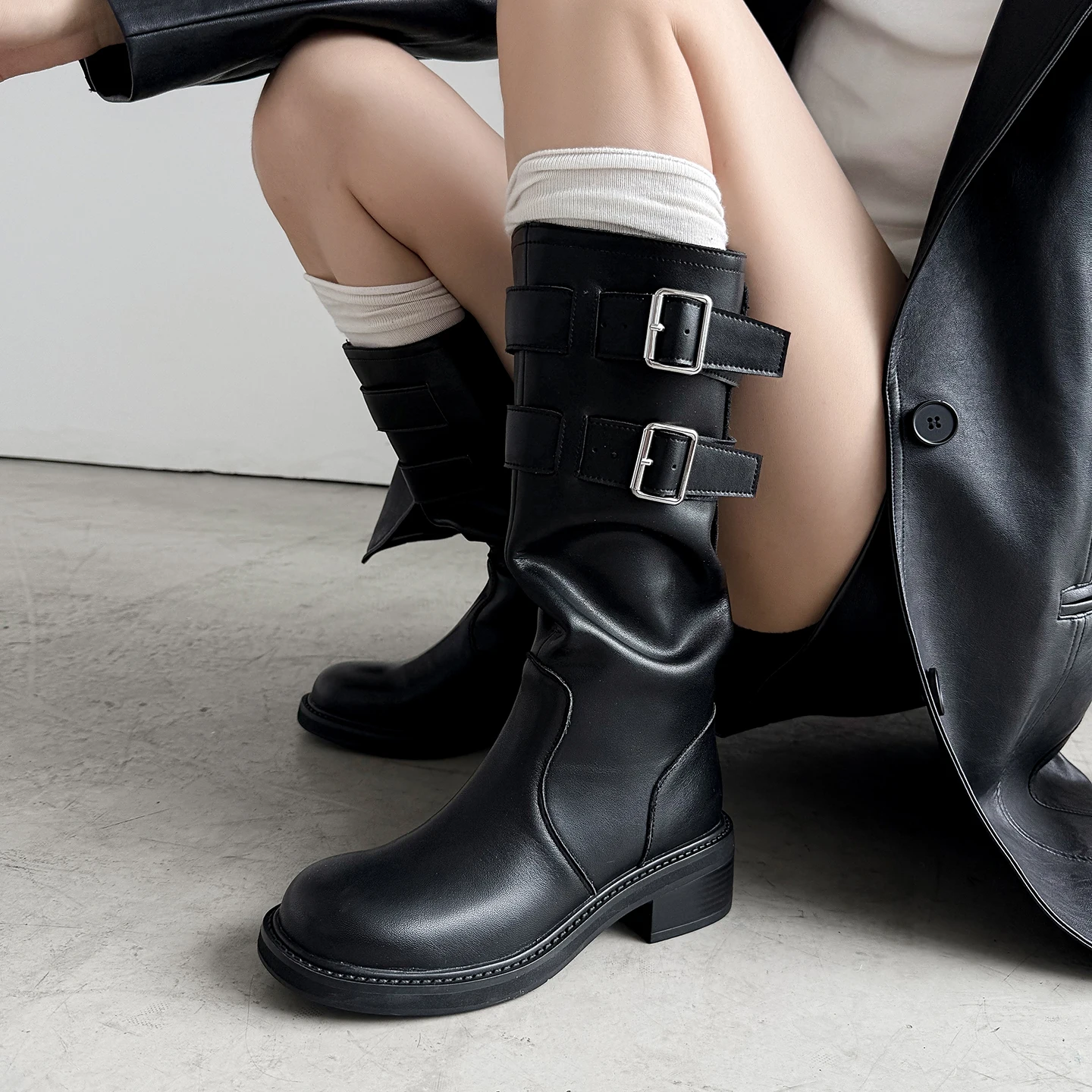 Western-Cowboy-Booties aus echtem Leder, Retro-Kniestiefel, Block-Damenstiefel mit Gürtelschnalle, Ritterstiefel, moderne Stiefel, hohe Stiefel