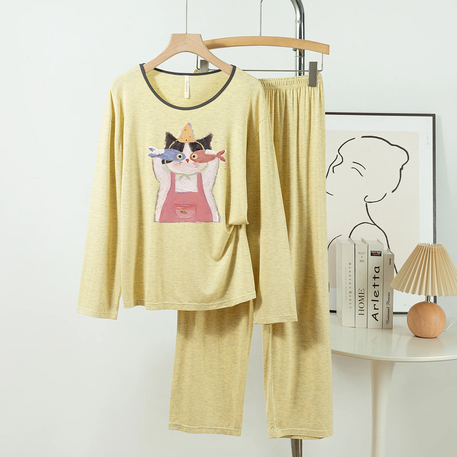 

5181-263 Повседневные и удобные пижамы из модального хлопка для женщин, новые весенне-осенние длинные брюки с длинными рукавами, однотонные повседневные