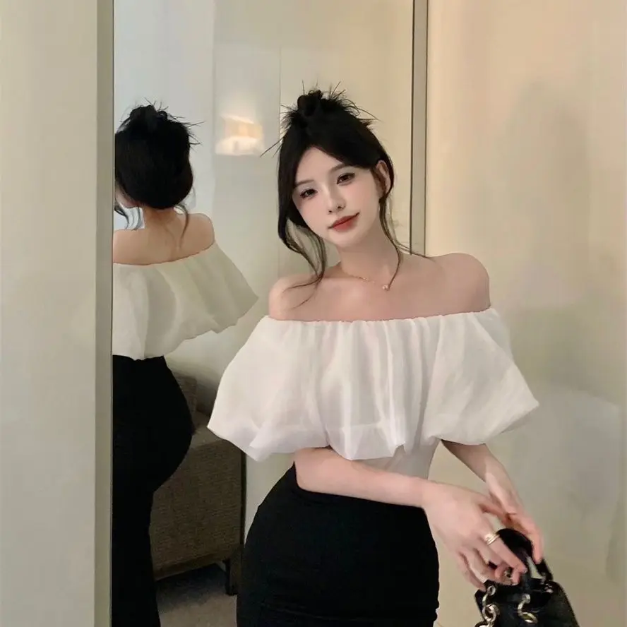 French Style Blouses Women Ruched Ruffles Slash Neck Slim Solid Elegant Ladies Hot Sweet Summmer Personality Stylish Fairycore