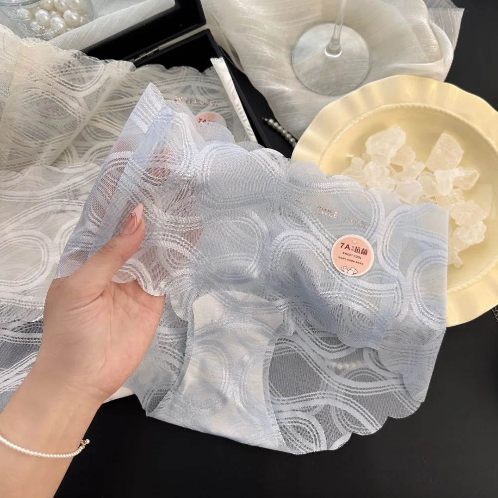 Comfortable Sweet Lace Mesh Panties Mid Waist Thin Seamless Briefs Cotton Crotch Underpants Underwear for Women Ladies