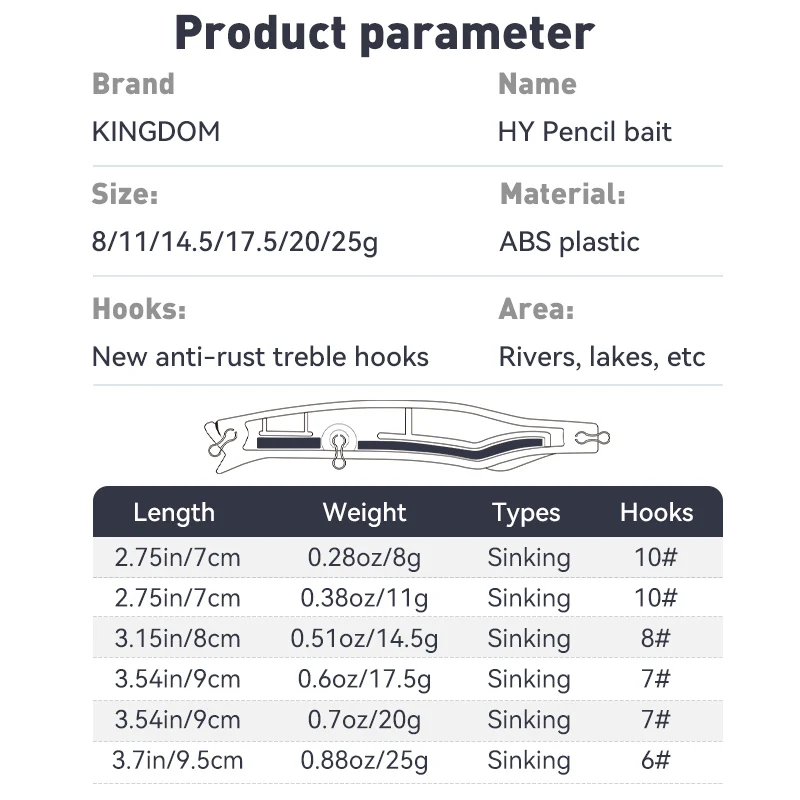 KINGDOM HY 펜슬 인공 낚시 루어, 싱킹 펜슬, 농어 롱 스로우 펜슬, 8g, 11g, 14.5g, 17.5g, 20g, 25g, 70mm, 80mm, 90mm