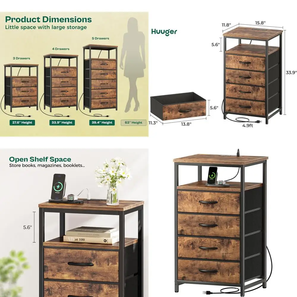 

Charging Station Nightstand, 33.9 Tall, Open Shelf, Multi-Room Use, Rustic Brown Finish