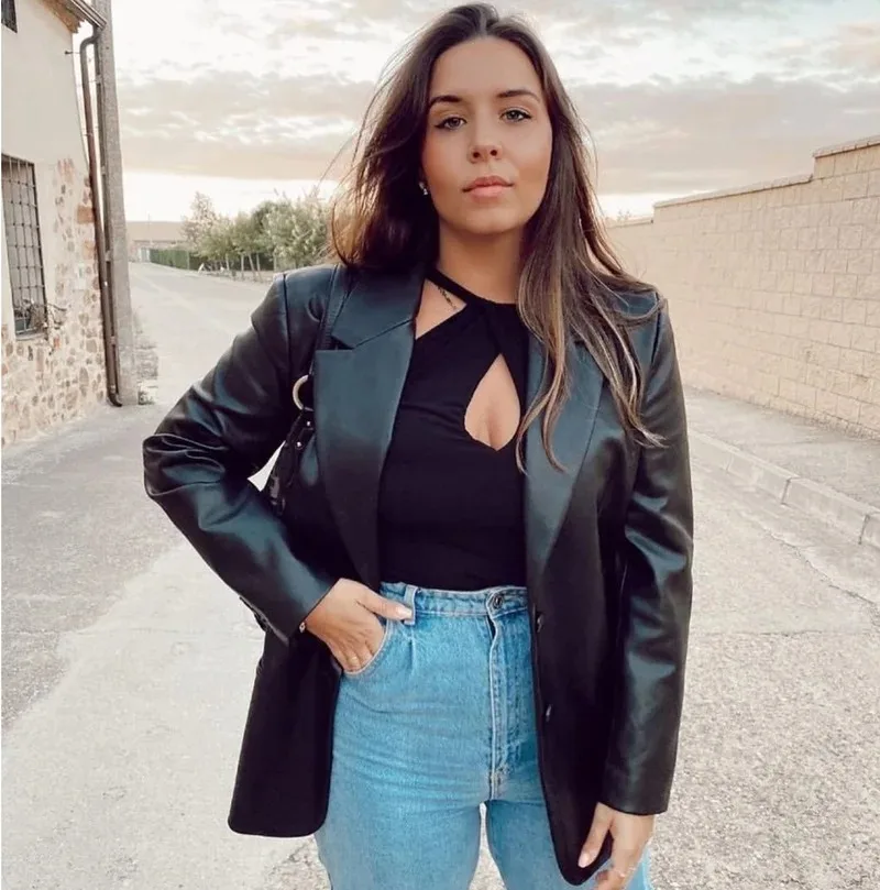 Jacket Winter Autumn Ladies Korean Blazer 2023 New ZA Elegant Black PU Blazer Women Casual Long Sleeve Single Button Office Suit