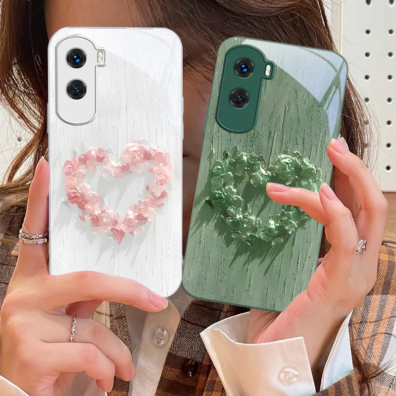 Heart-shaped flower For Honor 200 90 8X 9X Pro Lite P50 P40 Nova 10 11i P60 Magic4 6 Mate 20 50 Tempered Glass Phone Case