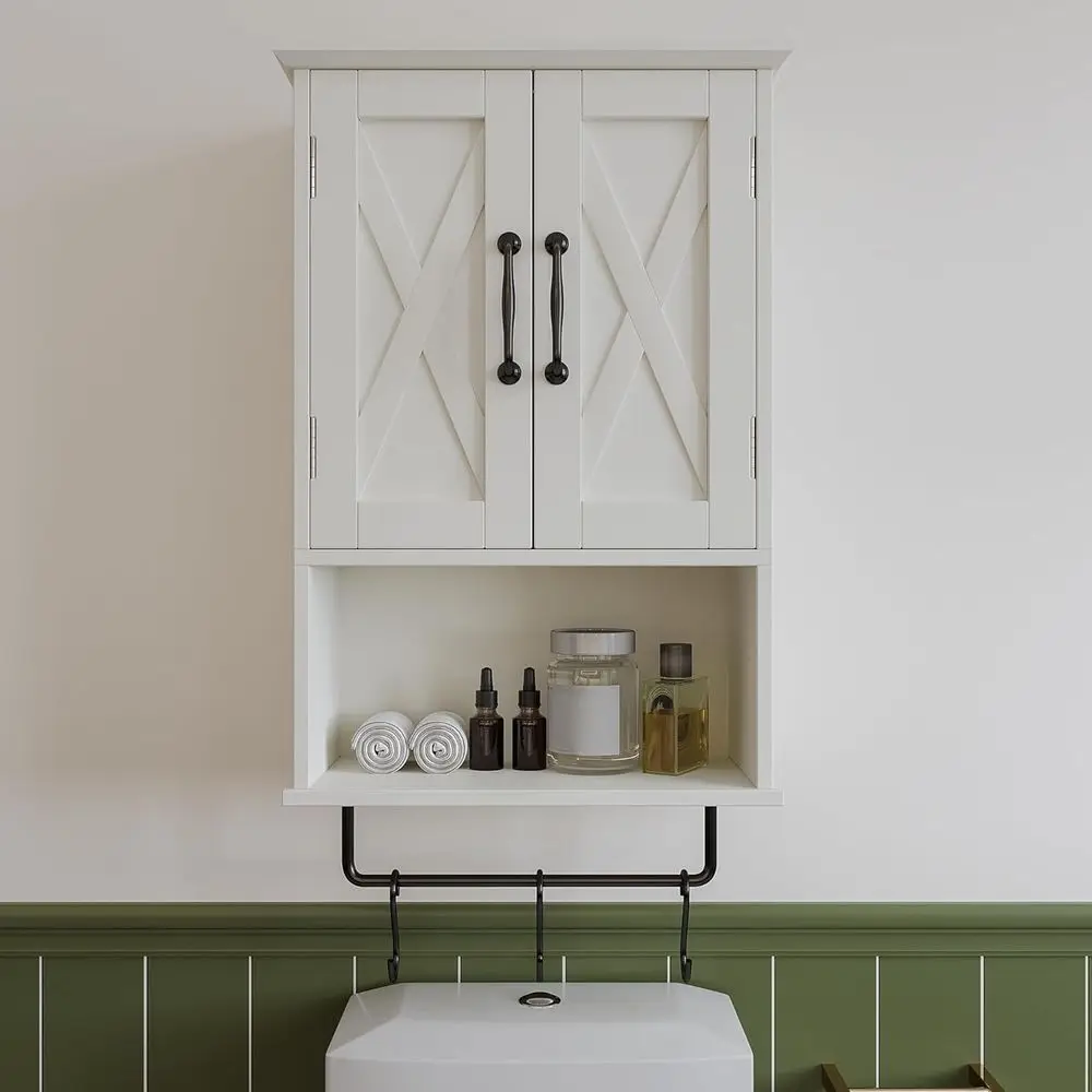 خزانة تخزين فوق المرحاض مع رف قابل للتعديل، 3 خطافات، وقضيب منشفة، بطول 19.3، أبيض