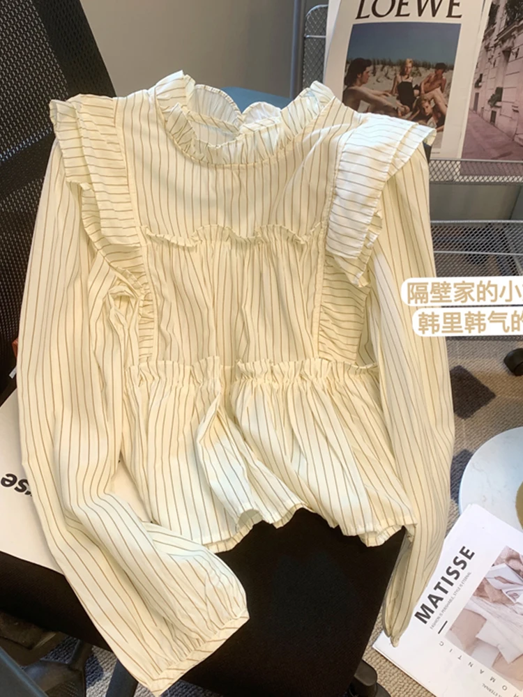 Autumn Women Cute Core Korean French Vintage Striped Long Sleeve Mori Girl Shirts Blouses 2000s Aesthetic Stylish Design Kawaii