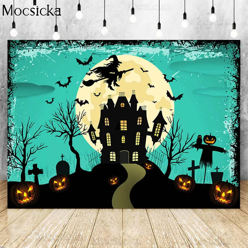 

Halloween Photography Backdrop Glowing Pumpkin Haunted Castle Big Moon Decoration Kids Portrait Background PhotoStudio Photocall