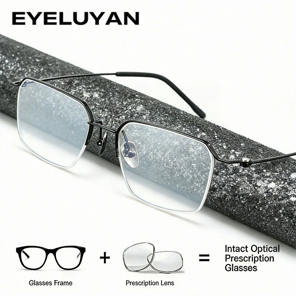 eyeluyan-チタンメガネフレーム男性ブランドデザインセミリムレススクエア眼鏡超軽量日本ハイエンドハーフリム眼鏡