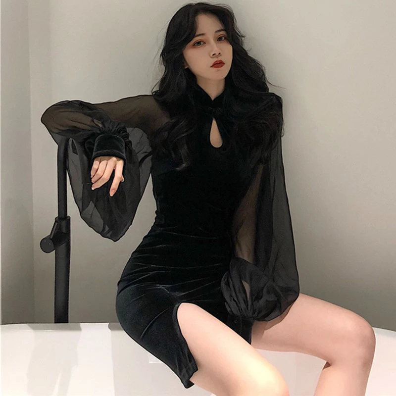 Autumn Women's Cheongsam Qipao Dress  Velvet Side Split Lantern Sleeve Slim Fit Long Sleeves Dress Mandarin Collar  Mini Dress