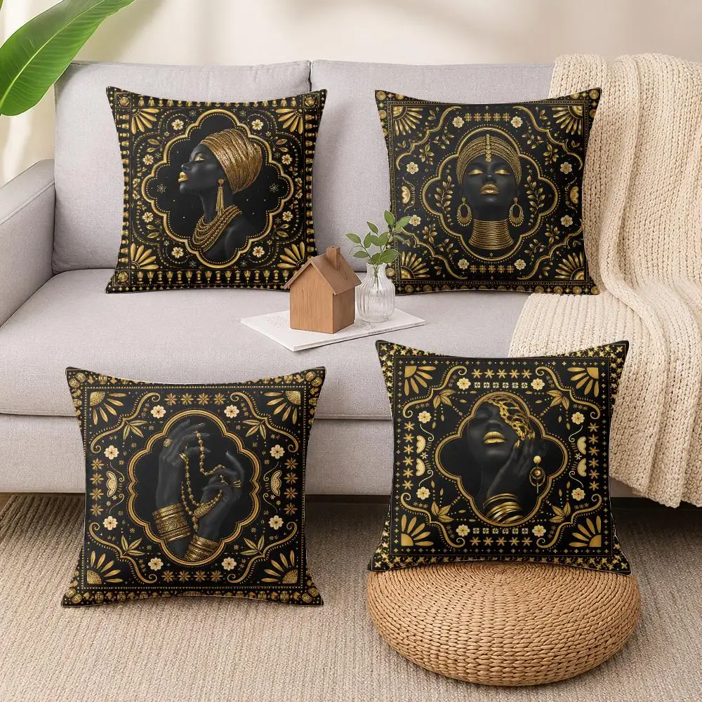 African Black Woman Gold Cushion Cover Luxury Soft Plush Short Fur Cushion Case Warm Cozy Sofa Bed Decorative Home