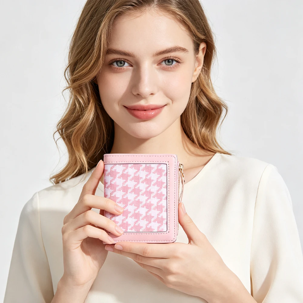 1Pc Houndstooth Pattern Patchwork Women's Short Wallet, Snap Button Pu Leather Wallet with Side Zipper Coin Pocket, 5 Card Slots + Transparent Id Window, Preferred Gift for Girls on Birthdays and Holidays