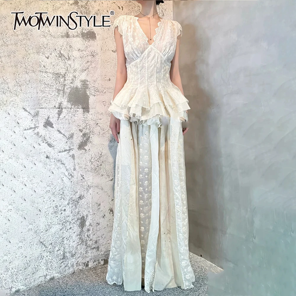 

TWOTWINSTYLE Solid Slimming Two Piece Sets for Women V Neck Short Sleeves Spliced Ruffles Folds Top High Waist Skirt Set Female