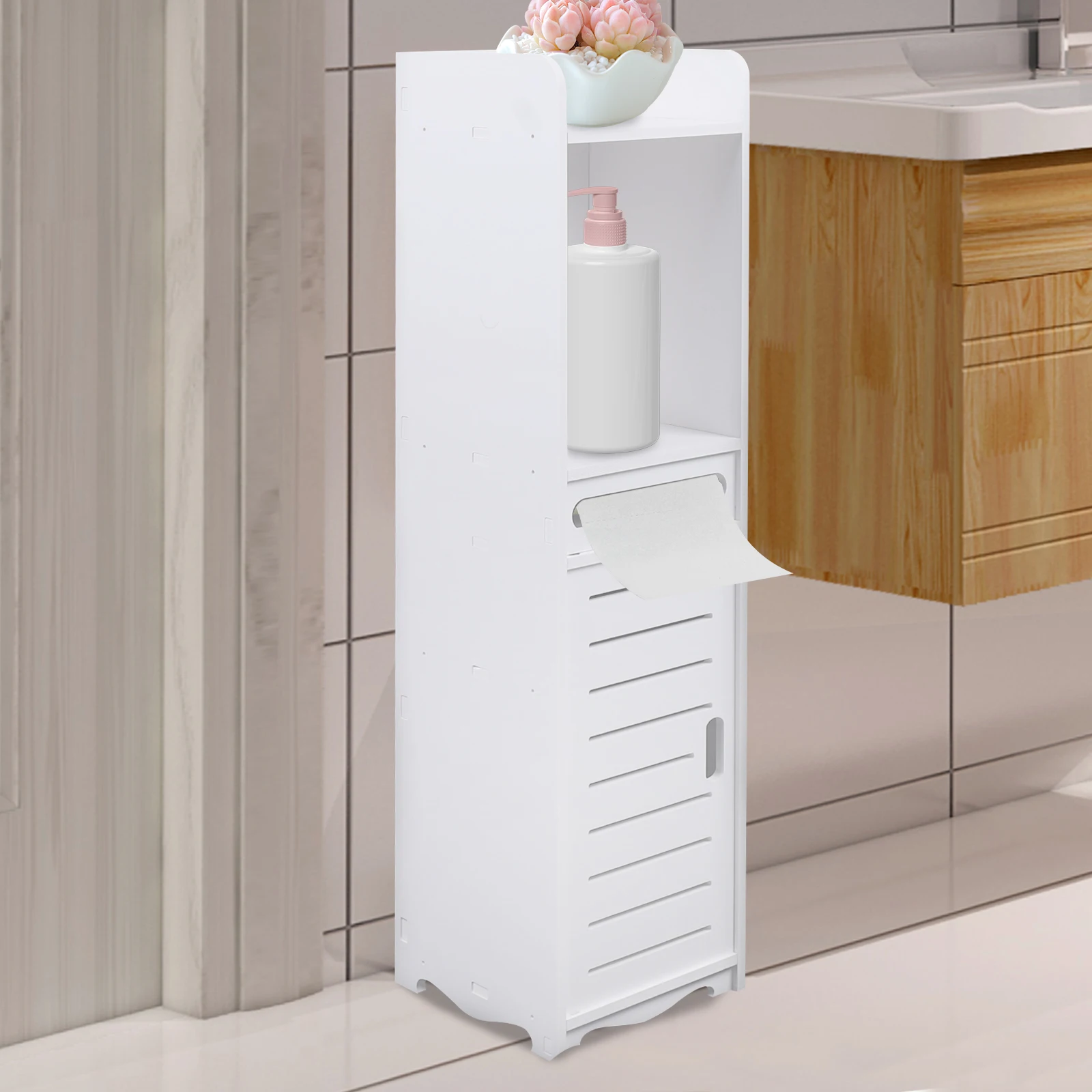 20X80cm Bathroom Shelf Storage Cabinet Cupboard Corner Floor Toilets Paper Holder Narrow Storage Organizer White