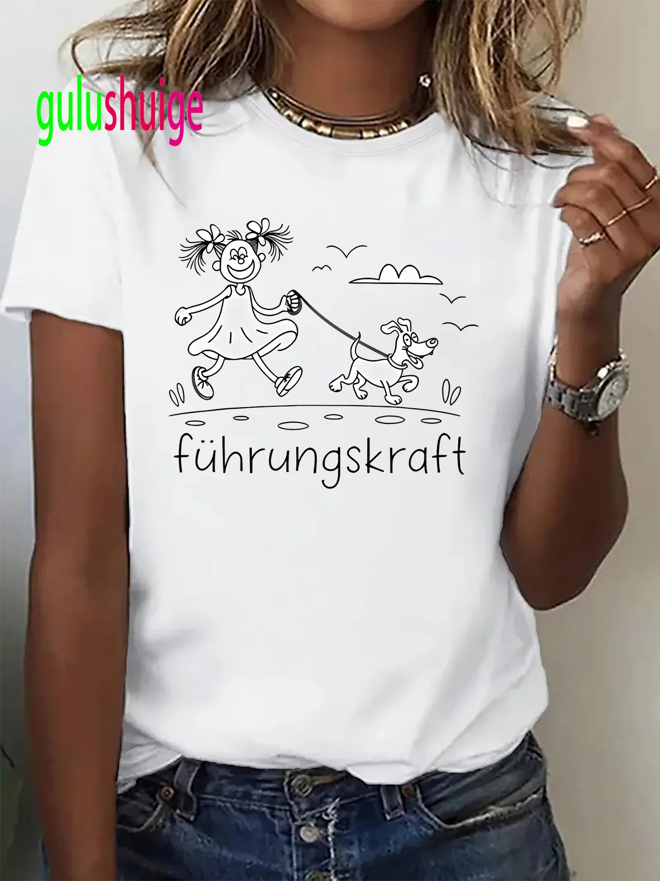 Fun Illustration of A Cartoon Walking A Dog Print T Shirt Comfortable Short-Sleeve Crew Neck T-Shirt Casual Women's Tops Clothes