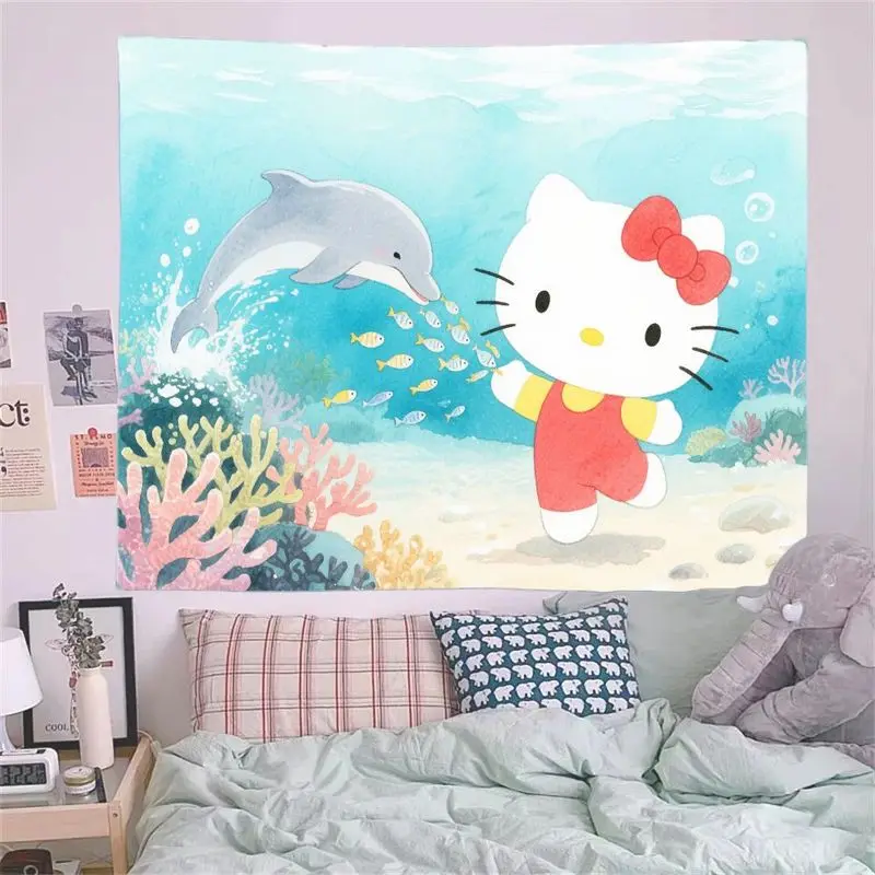 1枚入り キュートなハローキティ水中シーンタペストリー カラフルなサンゴアートウォールデコレーション 子供部屋や猫好きの方に最適