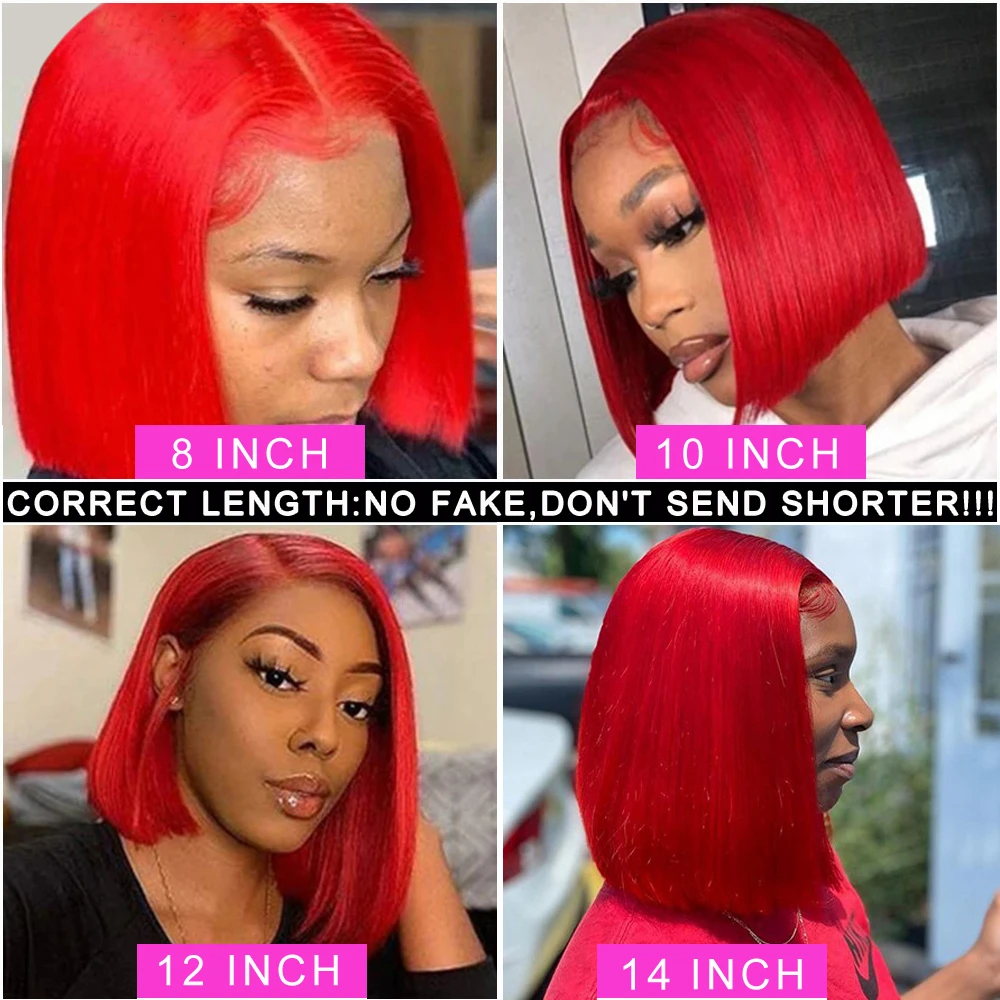 Perruque Bob Lace Front Wig naturelle lisse-Sophia, cheveux humains, rouge, pre-plucked, transparente, courte