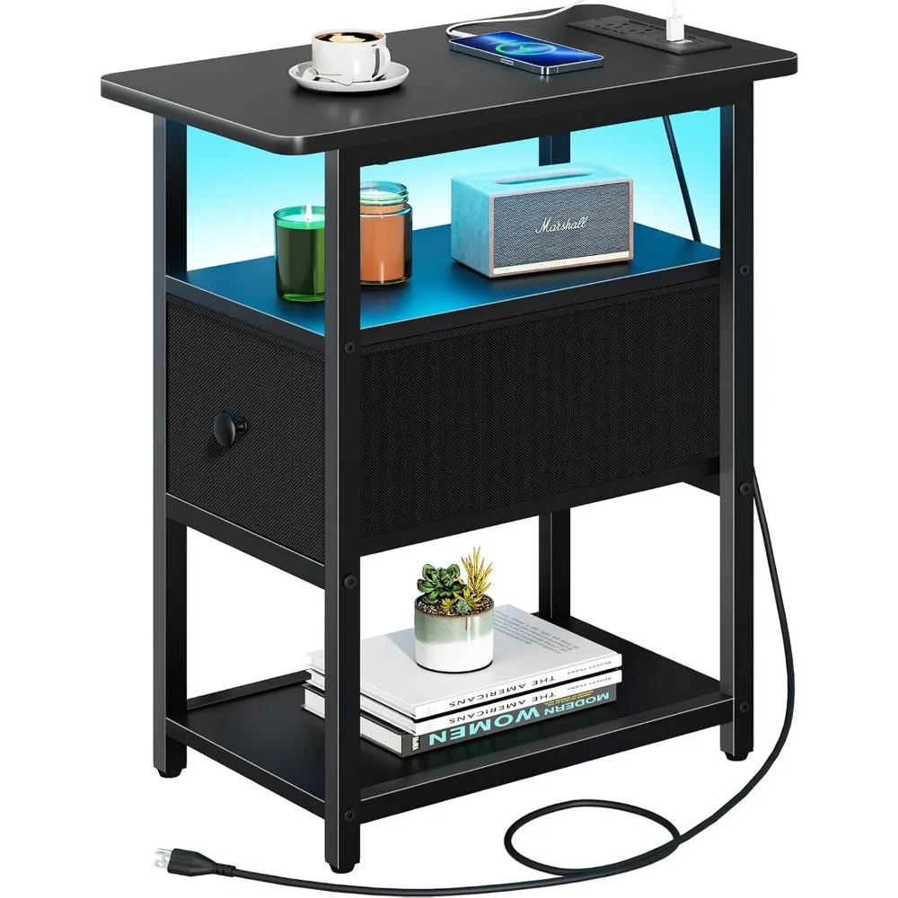 

Narrow Side Table with Charging Station, Adjustable Drawer & LED Lights for Small Spaces