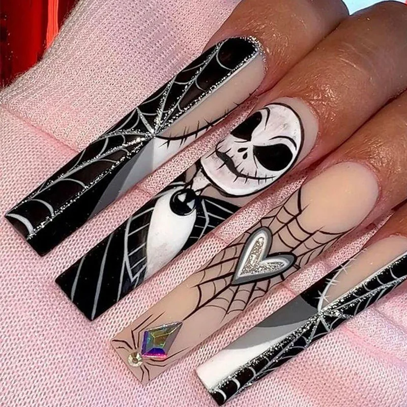 24Pcs Halloween False Nails Long Ballet Fake Nails with Ghost Cobweb Design Glitter French Coffin Full Cover Press on Nail Tips