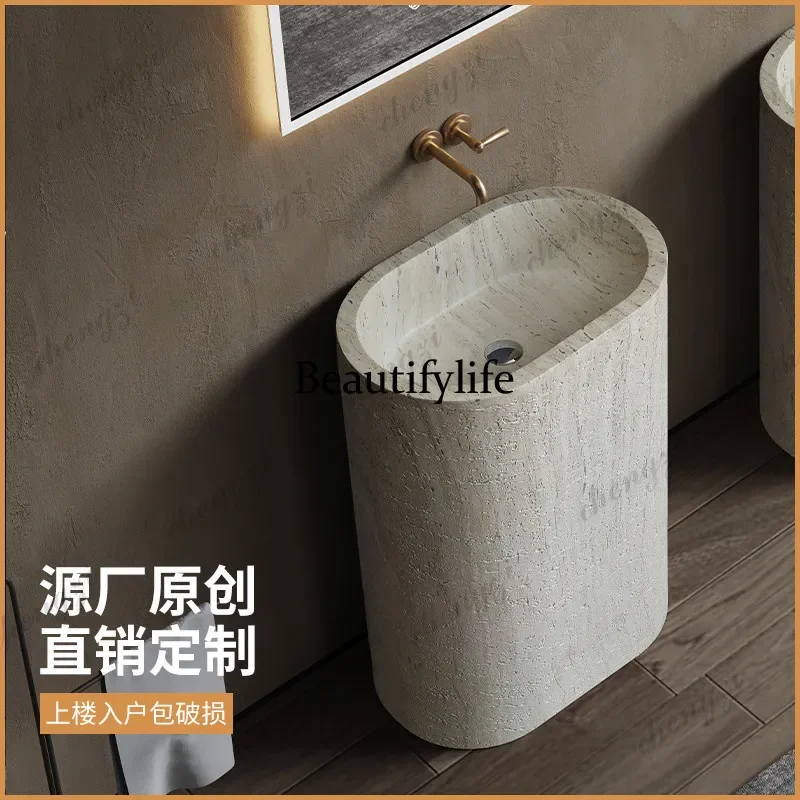 

TTT Medieval wind wabi-sabi wind travertine marble floor-to-ceiling wash basin hotel homestay bathroom column basin
