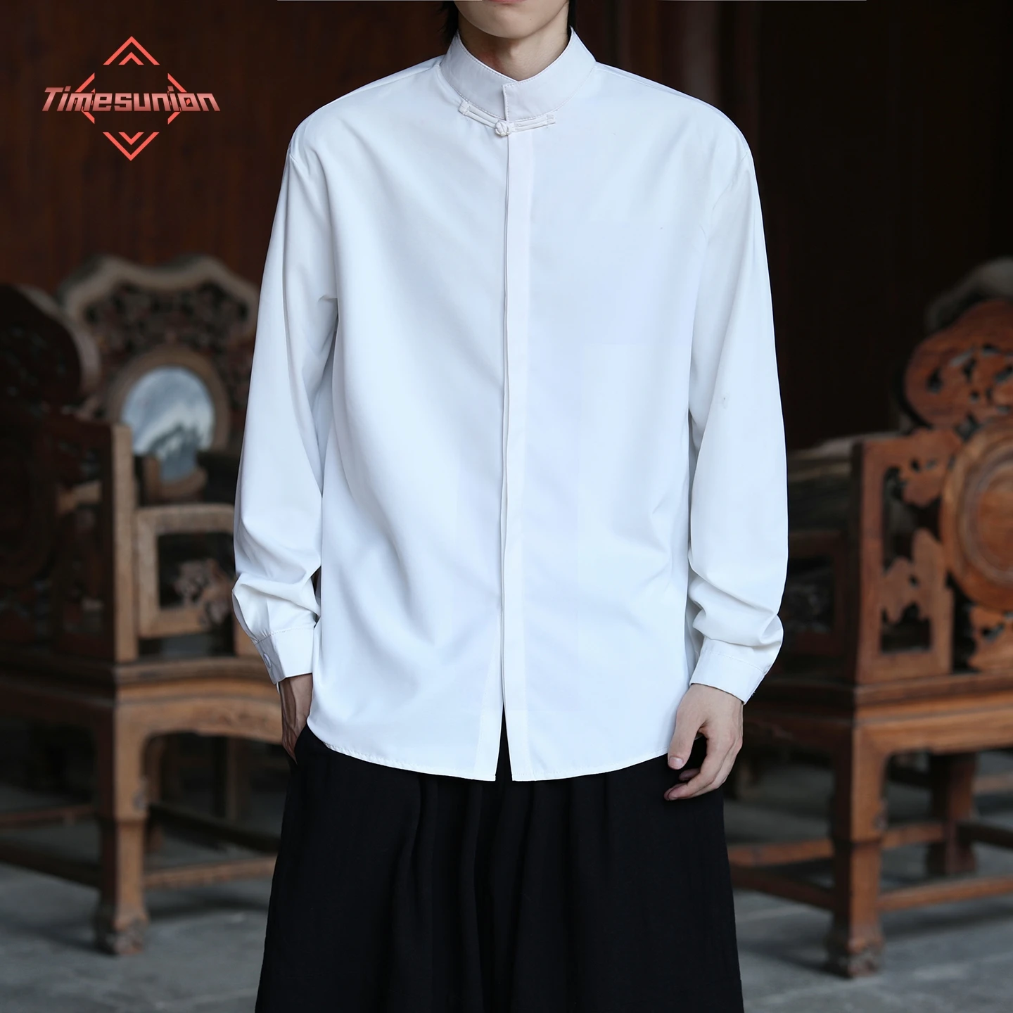 

Men's Shirts Casual Autumn Stand Collar Shirt for Man Long Sleeve High-end Feel Chinese White Artistic Shirt