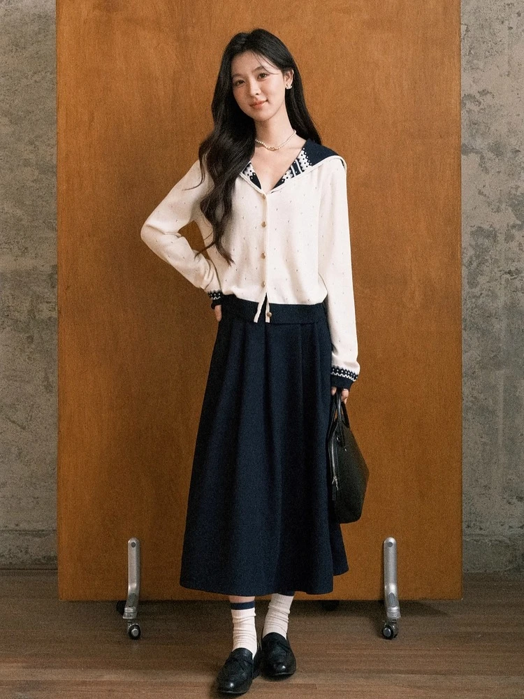 ALXNAN Strickpullover in Übergröße, Matrosenkragen, reguläre Passform, ausgehöhltes Design, Herbst, vielseitig, lässig, Pendeln, kurze Tops, D57625