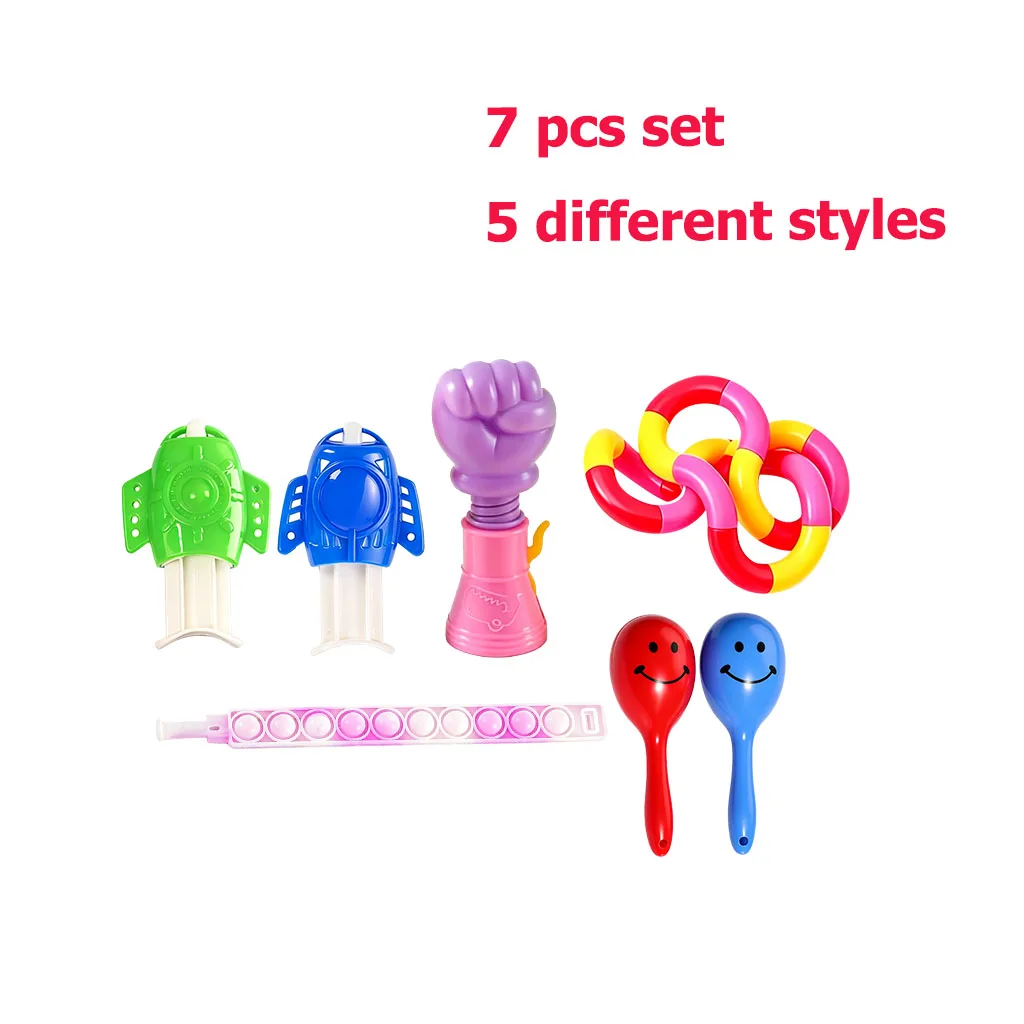 Assorted Mini Stress Relief Toys Pack 7PCS,Sand Hammer Twisty Ring,Press Bubble Bracelet Mini water pump Fist Launcher Toys for